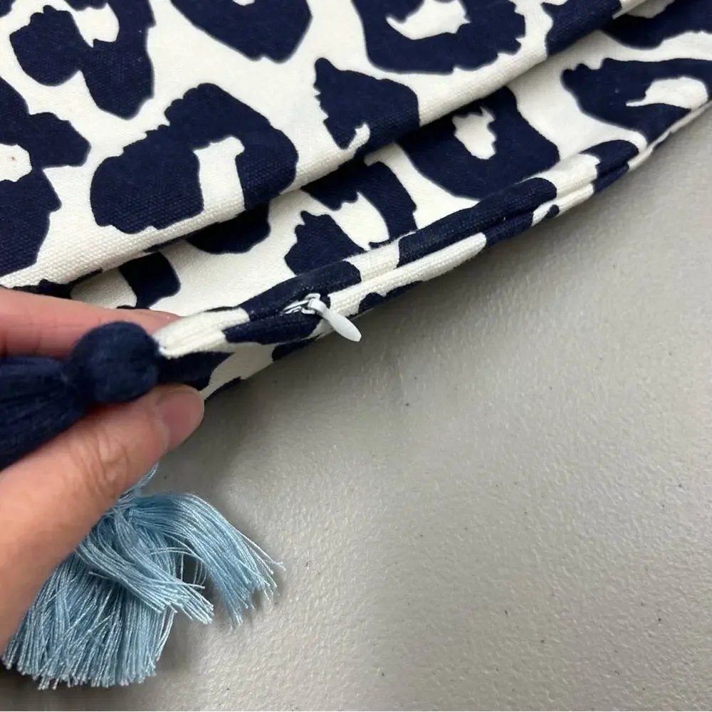 Pottery Barn Mark & Graham Leopard Animal Print Blue Tassel Pillow Cover 12 x 24